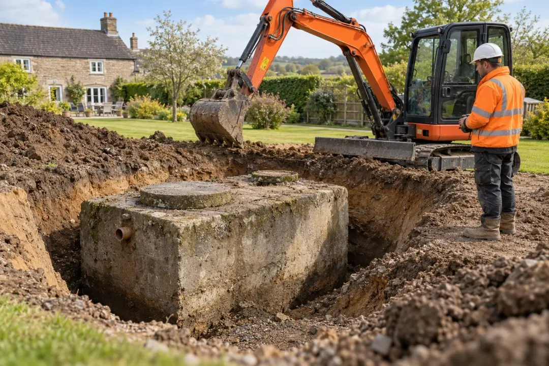 AI-generated illustrative scene: septic tank removal with exposed old tank and excavator